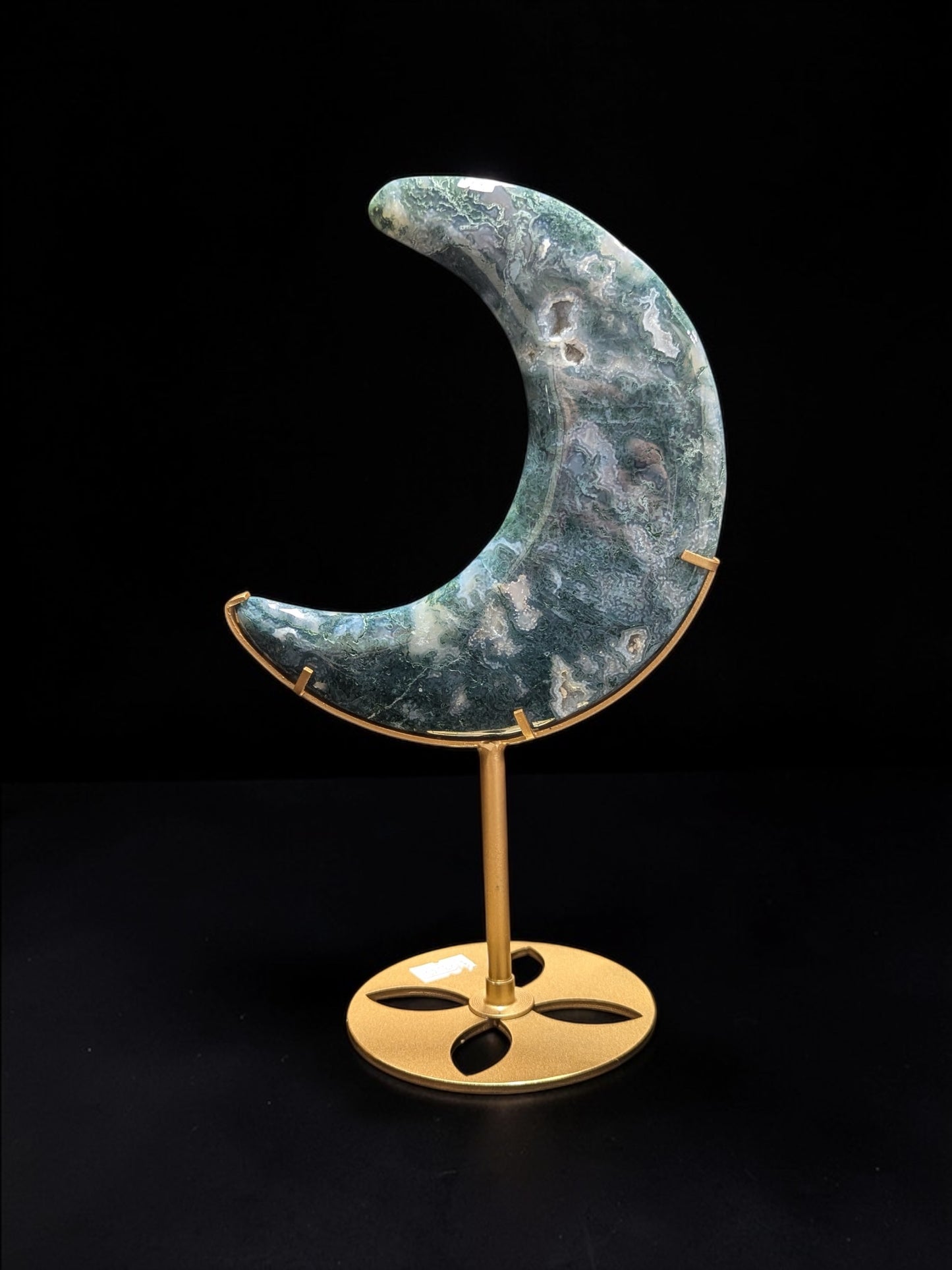 Moss Agate Crescent Moons with Gold Stand (Large)