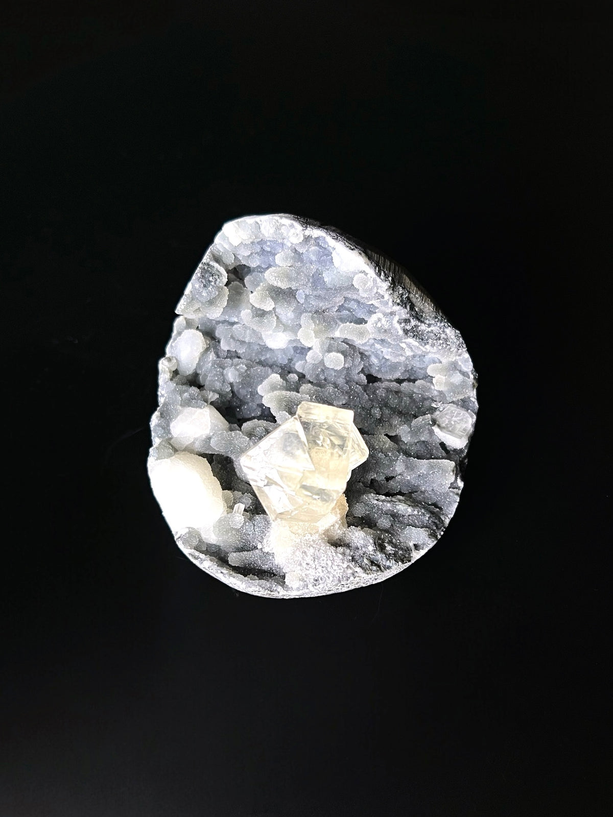 Cubic Calcite on Blue Stalactite Quartz