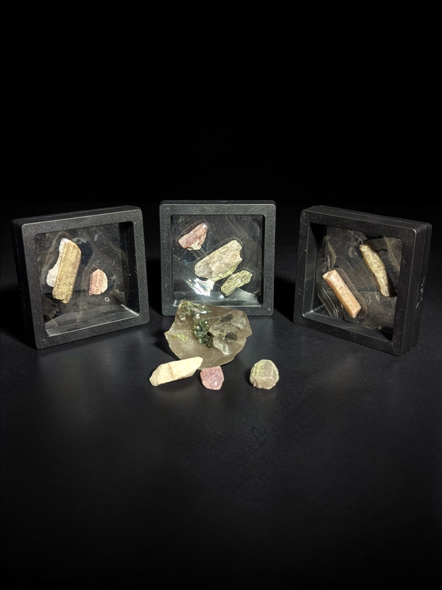 Pink & Green Tourmaline Raw Specimens in Display Frames