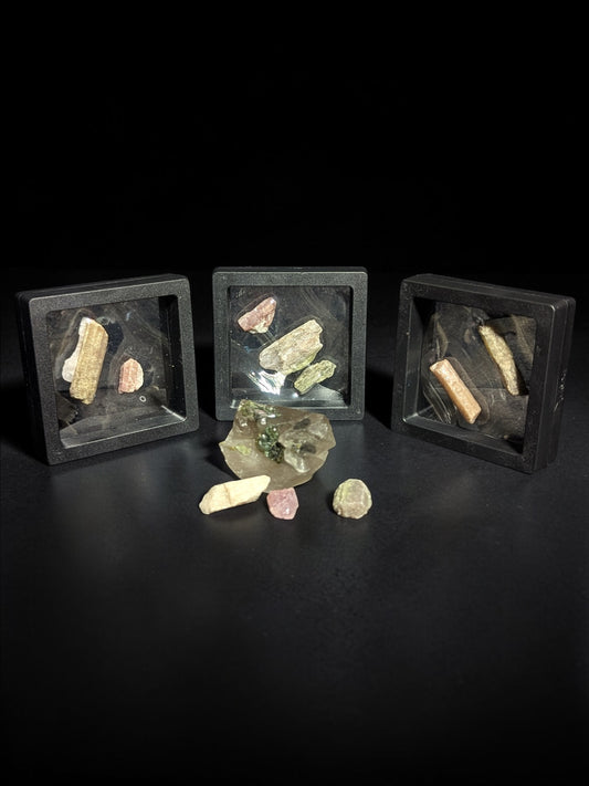 Pink & Green Tourmaline Raw Specimens in Display Frames